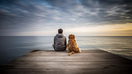 Man And Golden Retriever Dog Sitting At The End Of A Pier Looking Out To Sea On A Very Calm Day
