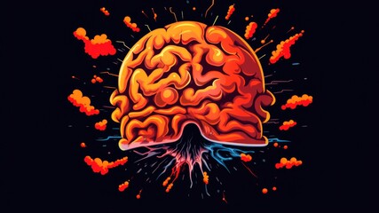Cartoon image of a orange brain with a colorful splash with copy space for text