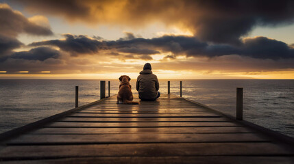 Man And Labrador Dog Sitting At The End Of A Pier Looking Out To Sea On A Stormy Evening