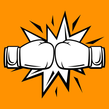 Emblem with boxing gloves. Box club label. Sport illustration in cartoon style.