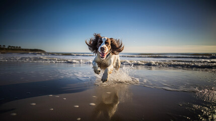Springer Spaniel Dog Running Through The Surf On A Beach