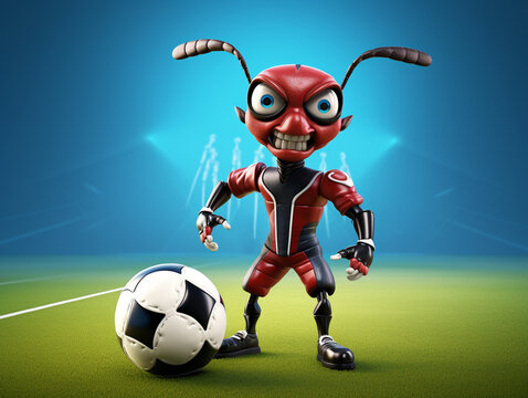 A Cute 3D Ant Playing Soccer on a Solid Color Background | Generative AI