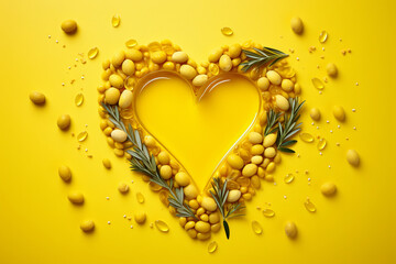 Yellow healthy food formed to a heart, yellowish background