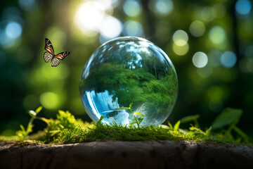 Fototapeta ESG green energy sustainable industry. World environment day concept.Globe Glass with butterfly. circular economy renewable energy . sustainable development goals.Environmental protection renewable obraz