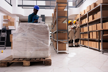 African american storehouse manager cheking parcel information on clipboard, managing freight...