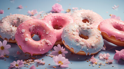 Pretty Glazed Donuts with Dripping Pastel Frosting/Icing - Closeup on Pop Art Pastel Colored Backdrop - Generative AI