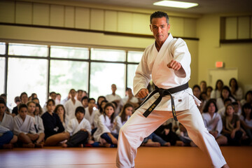 A karate demonstration in a dojo. a karateka in a white gi and black belt performing a kata