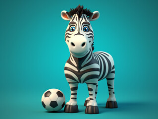 A Cute 3D Zebra Playing Soccer on a Solid Color Background | Generative AI