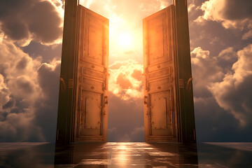 Giant door leading to heaven, gate in the sky and clouds. Generative AI illustration