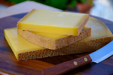 French cheese Comte, three varieties 1 year matured Prestige, fruity flavoured Fruite and Vieille Reserve close up