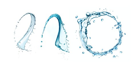 Transparent blue water splashes and ripples with drops. Liquids splashing fluid with droplets, realistic isolated, transparent cool drink, transparent water falling or pouring with air bubbles.