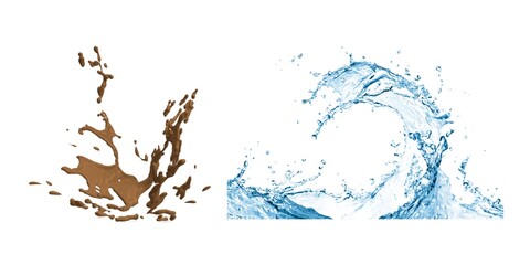 Transparent blue water splashes and ripples with drops. Liquids splashing fluid with droplets, realistic isolated, transparent cool drink, transparent water falling or pouring with air bubbles.