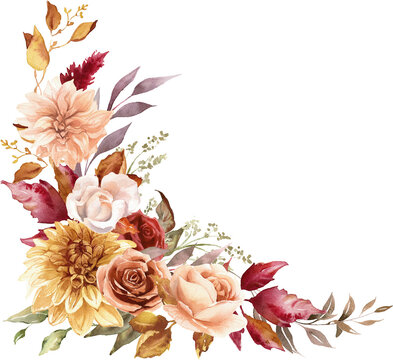 recommend clip art: Autumn floral bouquet with dahlia, rose and eucalyptus. Fall foliage. Watercolor illustration
                    