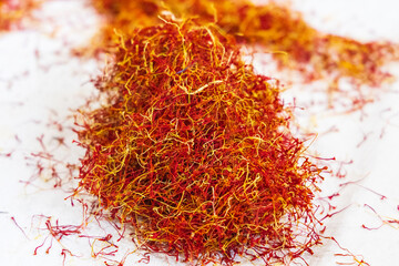 Fototapeta premium Pistils from saffron crocus flowers in Jammu and Kashmir.