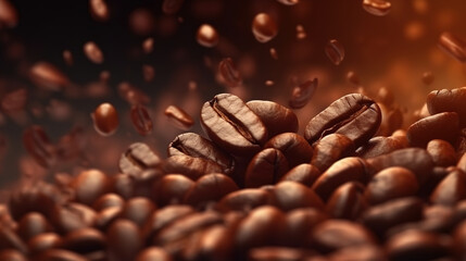 Obraz premium Brown roasted large coffee beans close-up on a dark background. Selective Focus. 