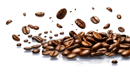 Large coffee beans levitate on a white background. Layout for banner, tinting of a coffee shop. 