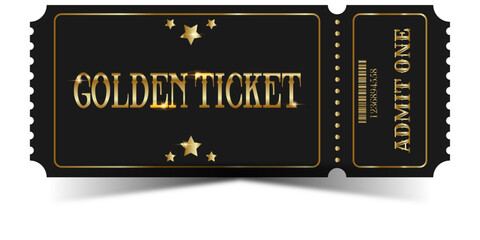 Golden ticket template with luxury design, black background and shiny gold text. Admit one pass for VIP event, exclusive invitation, raffle or contest. Elegant premium voucher for special entry. 