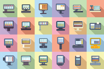 Touchscreen cash register icons set flat vector. Self sale. Service cash