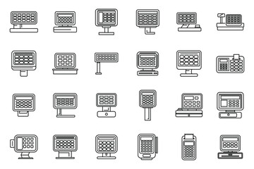 Touchscreen cash register icons set outline vector. Self sale. Service cash
