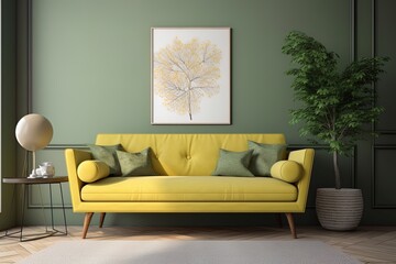 Mockup living room interior with yellow sofa on empty dark green color wall background. Generative AI