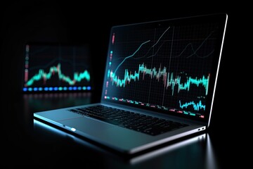 Laptop with a graph on the screen on a dark background. Trading. Generative AI