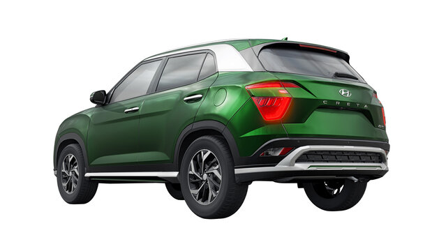 UK, London. July 1, 2023. Hyundai Creta 2022. compact-size SUV for family and work on a white background. 3d illustration. green car isolated on white