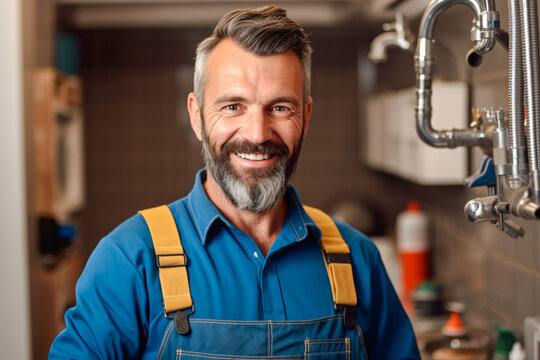 Proud and smiling plumber about to repair a faucet at kitchen