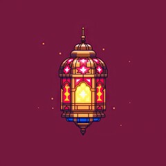 Pixel art style Islamic lantern, Image generation AI. On black and white background