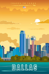 Dallas city sunset vintage poster vector illustration, Texas.