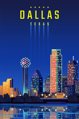 Dallas city night blue poster vector illustration. state of Texas.	