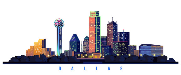 Dallas city night famous buildings vector illustration. state of Texas.	