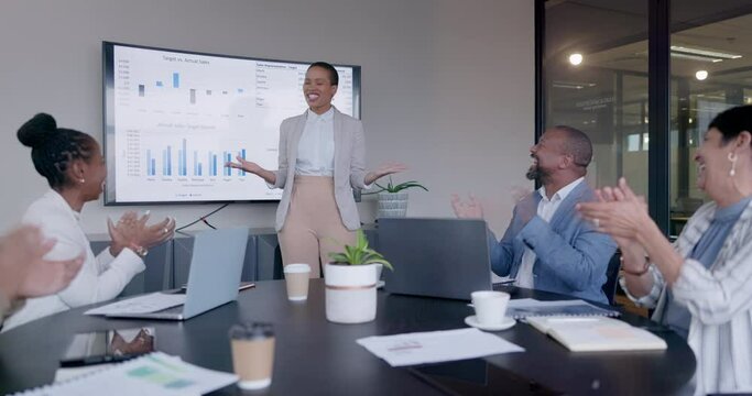 Clapping, African woman and office presentation with motivation and leader in a business meeting. Teamwork, applause and achievement of sale target excited from female worker speech with goals chart