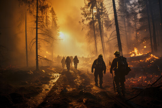 Firefighters working together to control a wildfire in a forest