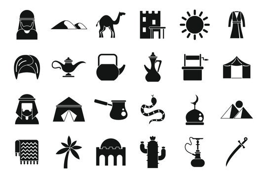 Bedouins icons set simple vector. Arab desert. Camel town
