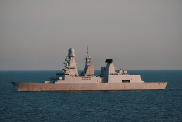 Firing exercises at sea. Military exercises at sea. Warship at sea. Response Force Operations.