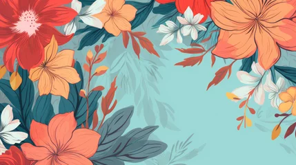 Fototapeten Flowers, floral, background, border frame , flat lay, top view, copy space, mock up, illustration © Florian
