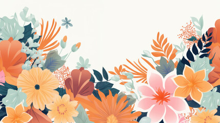 Fototapeta na wymiar Flowers, floral, background, border frame , flat lay, top view, copy space, mock up, illustration