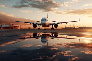 an aeroplane is sitting on the runway at sunset Generative AI