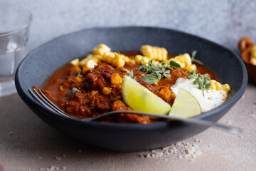 Classic chili con carne served in bowl