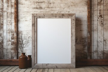 Mockup frame, Barn Wall Background with a Rustic Wooden Mockup Frame in Leaning Position. Generative AI
