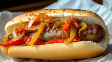 Sausage and Peppers - A classic Italian-American dish made with Italian sausage, onions, and bell peppers, sauteed together and served on a roll or over pasta. - 627870975