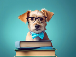 With a touch of humor, a dog adorns glasses while sitting next to a stack of books, set against a vibrant blue background, showcasing a delightful blend of intellect and playfulness.