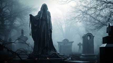 A haunting Halloween illustration depicts a spooky skeleton lurking within a fog-covered graveyard, sending shivers down the spine.