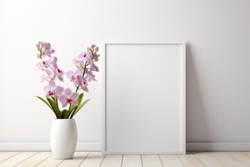 Mockup frame, Kitchen Mockup Frame on a Clean White Background with Orchid Accents. Generative AI