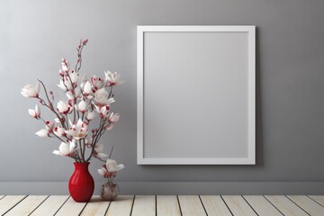 Mockup frame, Kitchen Mockup Frame on a Clean White Background with Orchid Accents. Generative AI