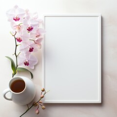 Mockup frame, Orchids on a white background take center stage in a mockup frame, creating a tranquil atmosphere in the kitchen. Generative AI