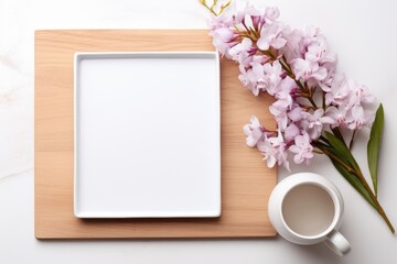Obraz na płótnie Canvas Mockup frame, Orchids on a white background take center stage in a mockup frame, creating a tranquil atmosphere in the kitchen. Generative AI