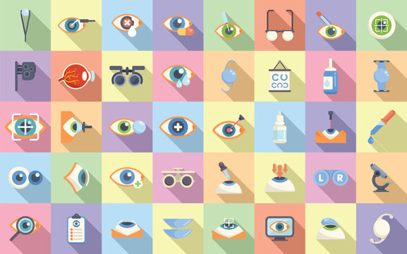 Laser vision correction icons set flat vector. Beam surgery. Cataract care