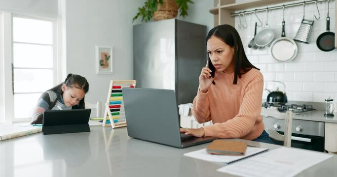 Laptop, phone call and woman with child for remote work, studying or online education in kitchen. Family, stress and busy mother working from home on computer and girl on tablet for internet learning