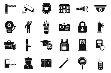 School security guard icons set simple vector. CCtv agent. Monitor safety